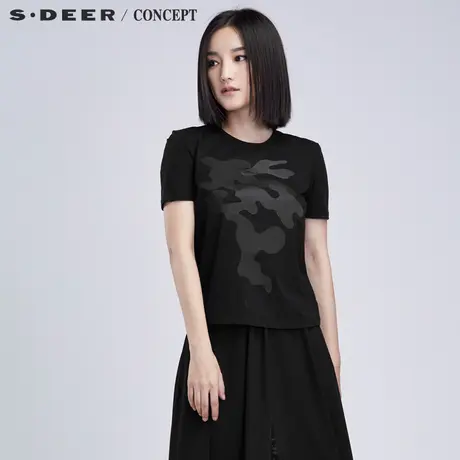 sdeer圣迪奥黑色酷帅流动形态贴片装饰T恤S16380142图片