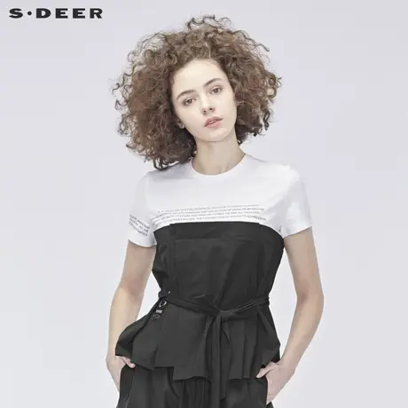 sdeer圣迪奥2019夏装新款条纹拼接撞色字母收腰短袖T恤S19280107图片