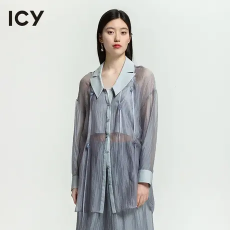 icy2023夏季新款女装复古仙气流光丝质落肩长袖透视飘带长款衬衫商品大图