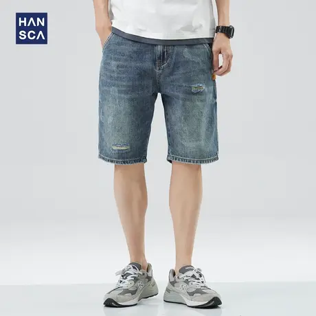 hansca破洞牛仔裤男夏季复古潮流宽松直筒青少年休闲大码五分裤子商品大图