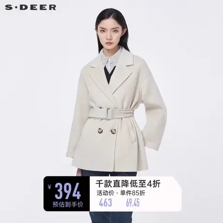 sdeer圣迪奥冬季休闲西装领双排扣收腰中长款毛呢大衣S21461701图片