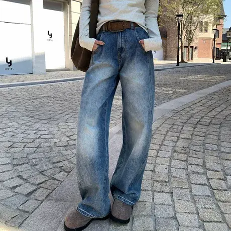 尔给尔给显瘦宽松牛仔裤女高腰拖地设计感百搭学生裤子阔腿裤商品大图