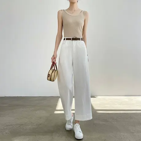 白色九分休闲天丝莱赛尔阔腿裤女夏季薄款宽松八分小个子直筒裤子商品大图