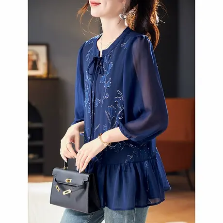 宝诗黎V领系带亮丝休闲雪纺衫2025春季七分袖洋气薄防晒小衫上衣商品大图
