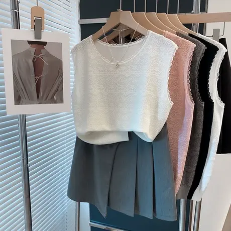 冰丝圆领针织衫女背心2025春夏新款美背内搭蕾丝上衣外穿薄t恤衫商品大图