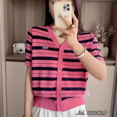 2025夏季新款v领条纹薄款针织开衫短袖t恤女宽松百搭半袖上衣女图片