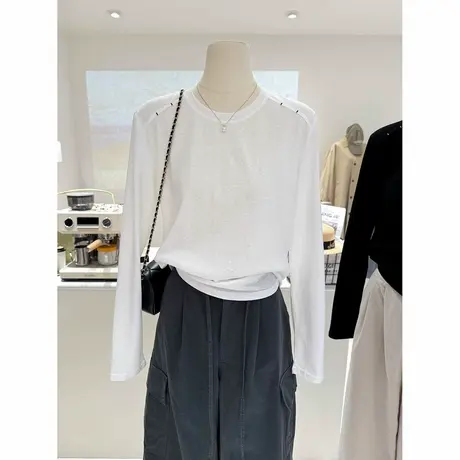 2025春秋季新款纯色长袖T恤女宽松韩版外穿内搭打底衫上衣体恤潮图片