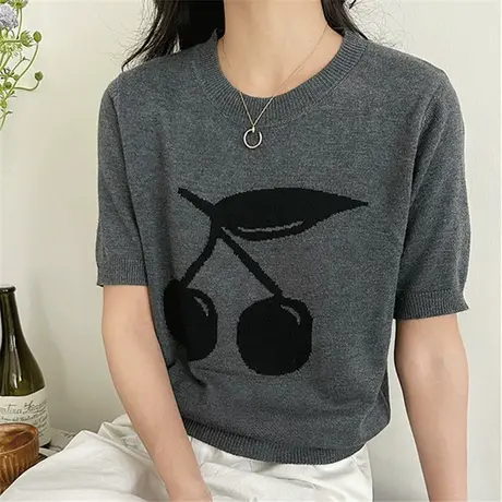 设计感樱桃针织短袖t恤女2025新款春夏休闲薄款显瘦上衣打底小衫图片