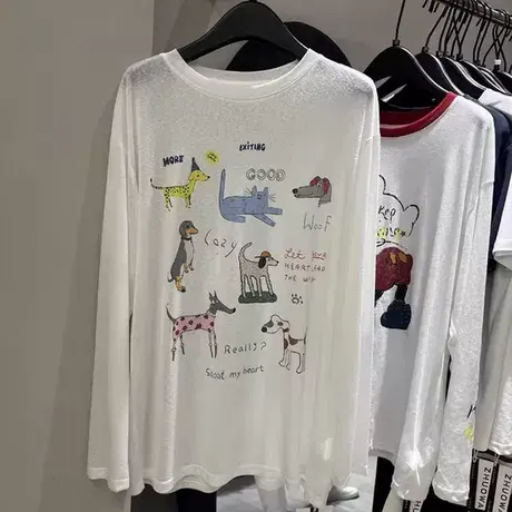 韩国东大门夏季新款卡通印花宽松显瘦薄款长袖T恤女叠穿防晒罩衫商品大图