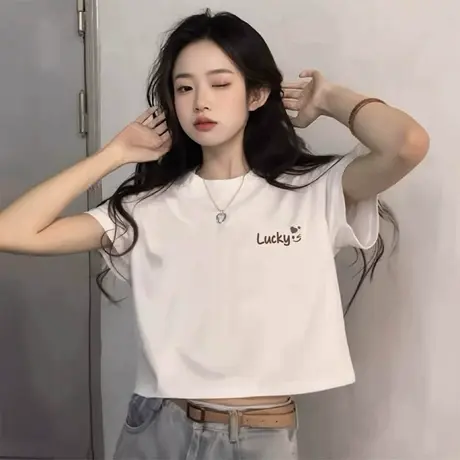 白色小个子高腰短款正肩t恤女2025新款爆款夏季棉质洋气短袖上衣商品大图