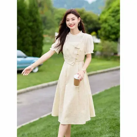 时尚气质连衣裙2024年夏季新款女优雅温柔显瘦花边领假两件长裙图片