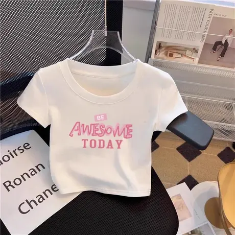 白色正肩显瘦短袖女t恤短款夏季韩版ins高腰时尚辣妹体恤半袖上衣图片