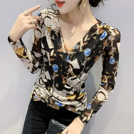 性感V领交叉T恤女装复古印花上衣显瘦紧身内搭打底衫女长袖春秋潮商品大图