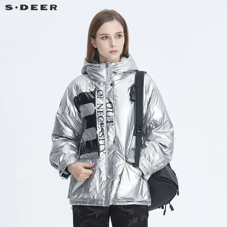 sdeer圣迪奥高领连帽时尚字母亮面短款银色羽绒服女S20462407图片