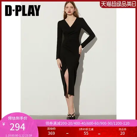 DPLAY春法式风V领黑色腰部半圆侧捏褶设计弹力连衣裙长裙女图片