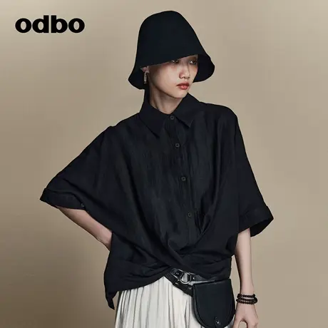 odbo/欧迪比欧原创设计感小众黑色五分袖衬衫女新款百搭上衣图片