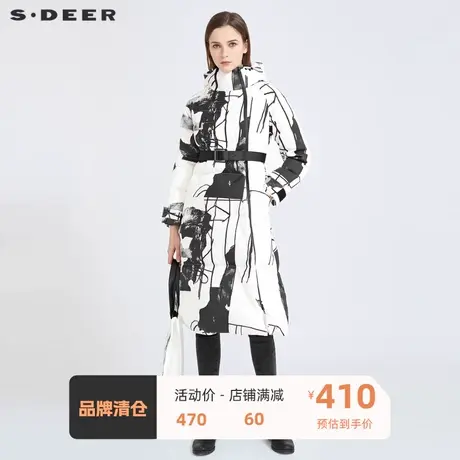 sdeer圣迪奥女装高领连帽印花收腰拼接长款羽绒服S20482486🍙商品大图