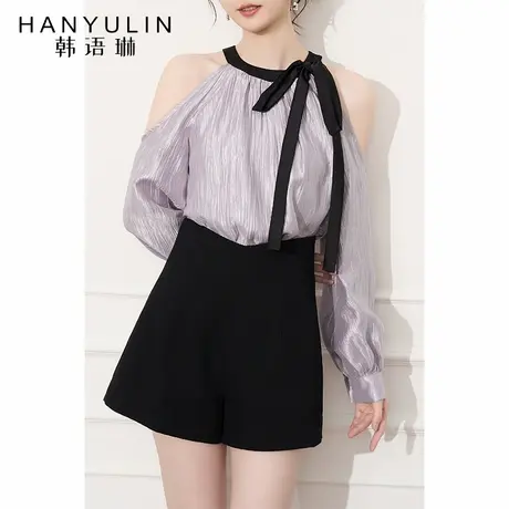 紫色挂脖衬衫女2025新款夏季轻奢高级感小衫短款长袖露肩上衣套装商品大图