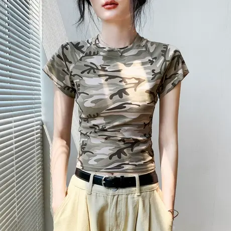 美式圆领迷彩插肩短袖女t恤2025新款夏季特别漂亮掐腰独特上衣女商品大图
