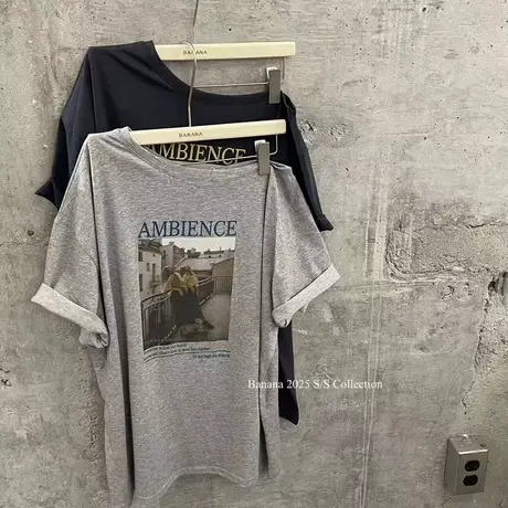 韩国东大门夏季新款韩版时尚美式宽松字母图案印花斜肩短袖T恤女商品大图