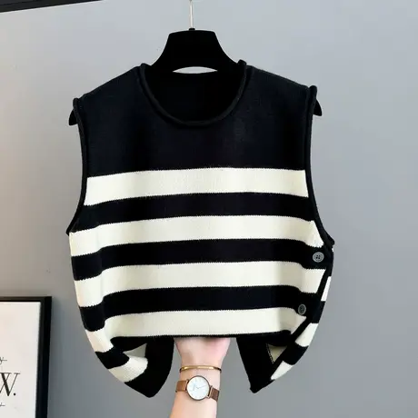 条纹圆领针织马甲背心女秋冬新款宽松斜排扣开叉马夹叠穿毛衣坎肩商品大图