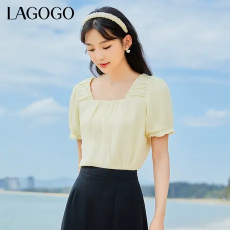 LAGOGO木耳边甜美拼接雪纺衫女拉谷谷春夏新款泡泡袖法式温柔上衣商品大图
