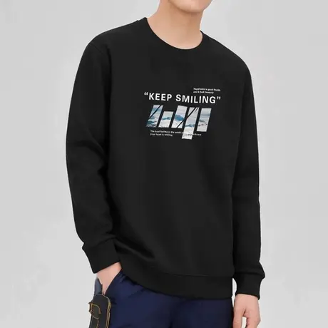 320g重磅男士卫衣2025秋冬新款圆领保暖加绒无帽上衣黑色长袖t恤图片