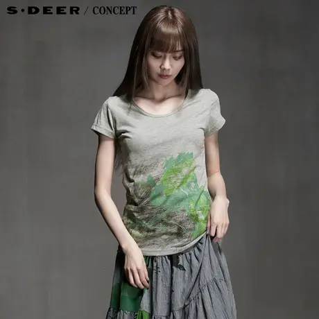 【新品】sdeer圣迪奥专柜正品女装鲜绿水墨涂鸦圆领T恤S15280145图片
