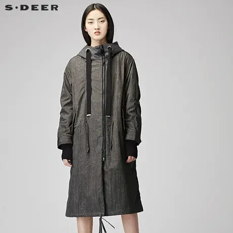 sdeer圣迪奥春装简约休闲抽绳拼接连帽印花及膝风衣外套S17381826图片
