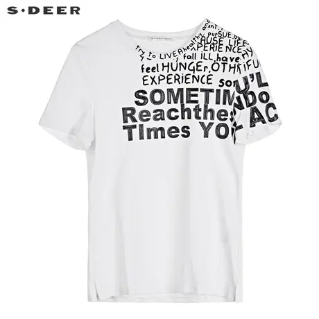 sdeer圣迪奥2019夏装新款撞色字母印花开衩短袖打底T恤S19280150图片
