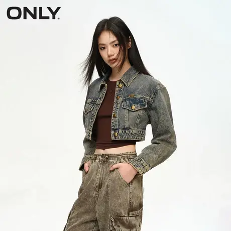 ONLY奥莱夏季潮流复古做旧水洗翻领短款牛仔外套女商品大图