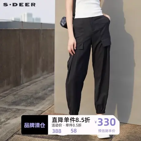 sdeer圣迪奥女装松紧拼接插袋运动黑色长裤S222Z0801图片