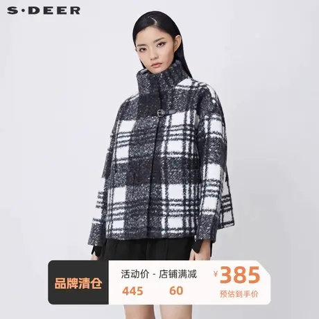 sdeer圣迪奥女装高领撞色格纹羊羔绒短款外套S21462212图片