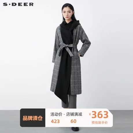 sdeer圣迪奥女装设计感连帽撞色格纹收腰长款毛呢大衣S21461813图片