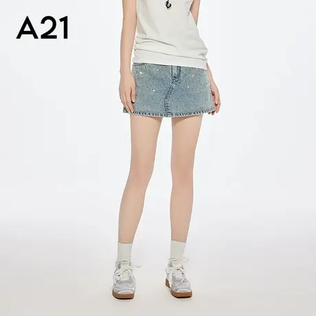 A21女装天蓝色高腰直筒牛仔裤短裤女夏季新款简约贴钻设计感裙裤商品大图