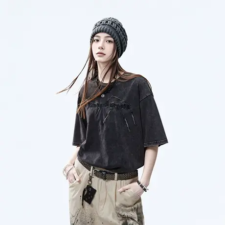 潮牌水洗刺绣t恤女夏季新款情侣复古炒雪花纯棉半袖宽松短袖上衣商品大图