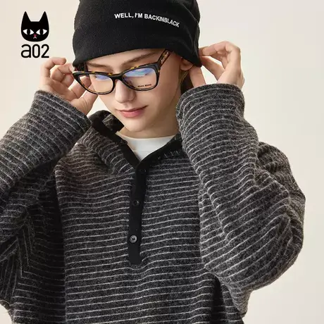 a02条纹长袖磨毛内搭打底衫女2025新款秋冬刺绣logo保暖连帽上衣商品大图