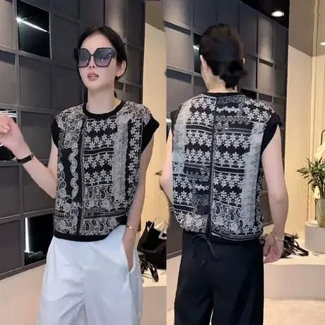 圆领设计感时尚百搭无袖T恤小衫女新款2025夏季洋气碎花复古上衣商品大图