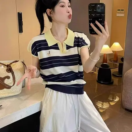 撞色条纹polo领针织衫正肩短袖t恤女夏季设计感独特漂亮短款上衣图片