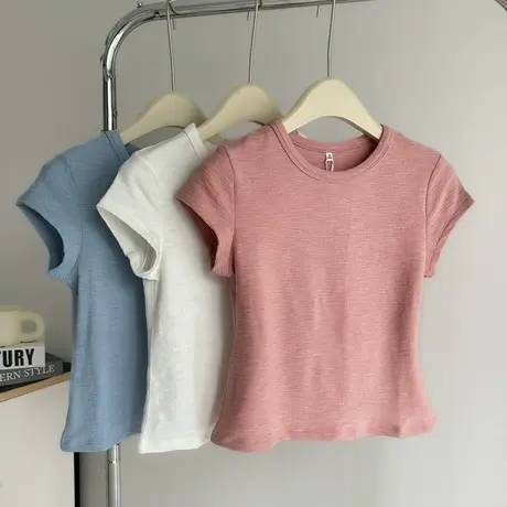 洋气时髦短袖T恤女2025夏季新款修身韩版打底衫短款正肩半袖上衣图片