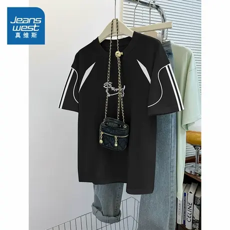 G2真维斯女装2025夏季新款线条小狗印花圆领插肩撞色拼接短袖T恤商品大图