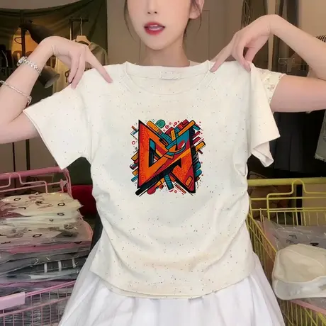 甜妹风圆领褶皱收腰短袖t恤女2025夏季新款彩虹波点正肩洋气上衣商品大图
