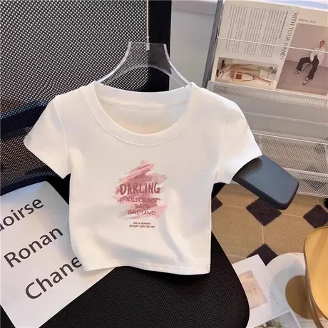 白色夏季涂鸦印花短袖t恤女2025年新款短款正肩时尚百搭减龄上衣商品大图