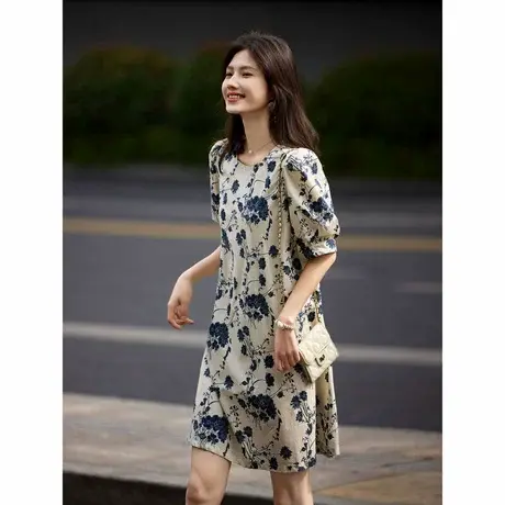 时尚气质碎花复古短袖连衣裙女士2024年夏季新款温柔淑女中长款裙商品大图