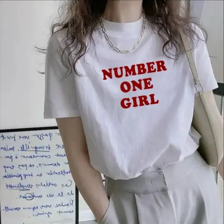 白色字母短袖t恤女2025年夏季新款漂亮半高领印花洋气减龄上衣ins图片