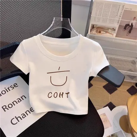 圆领韩版正肩短袖t恤女2025新款设计感修身夏季辣妹短款上衣服潮商品大图