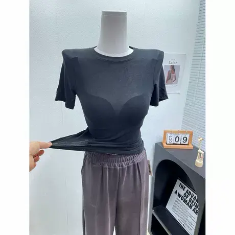 软糥顺滑大弹力紧身短袖T恤女修身显身材圆领内搭打底衫上衣秋薄图片