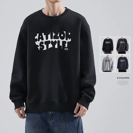 清仓特卖hansca黑色圆领卫衣男2024秋冬潮牌宽松日系重磅无帽上衣商品大图