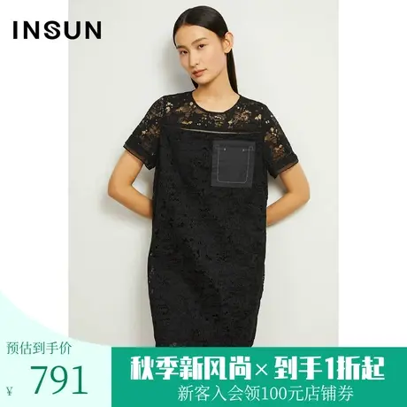 INSUN/恩裳商场同款夏季圆领短袖棉质时尚蕾丝黑色连衣裙图片