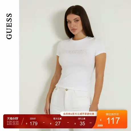 GUESS女士镂空刺绣logo花纹修身正肩T恤-W4GI14J1314图片